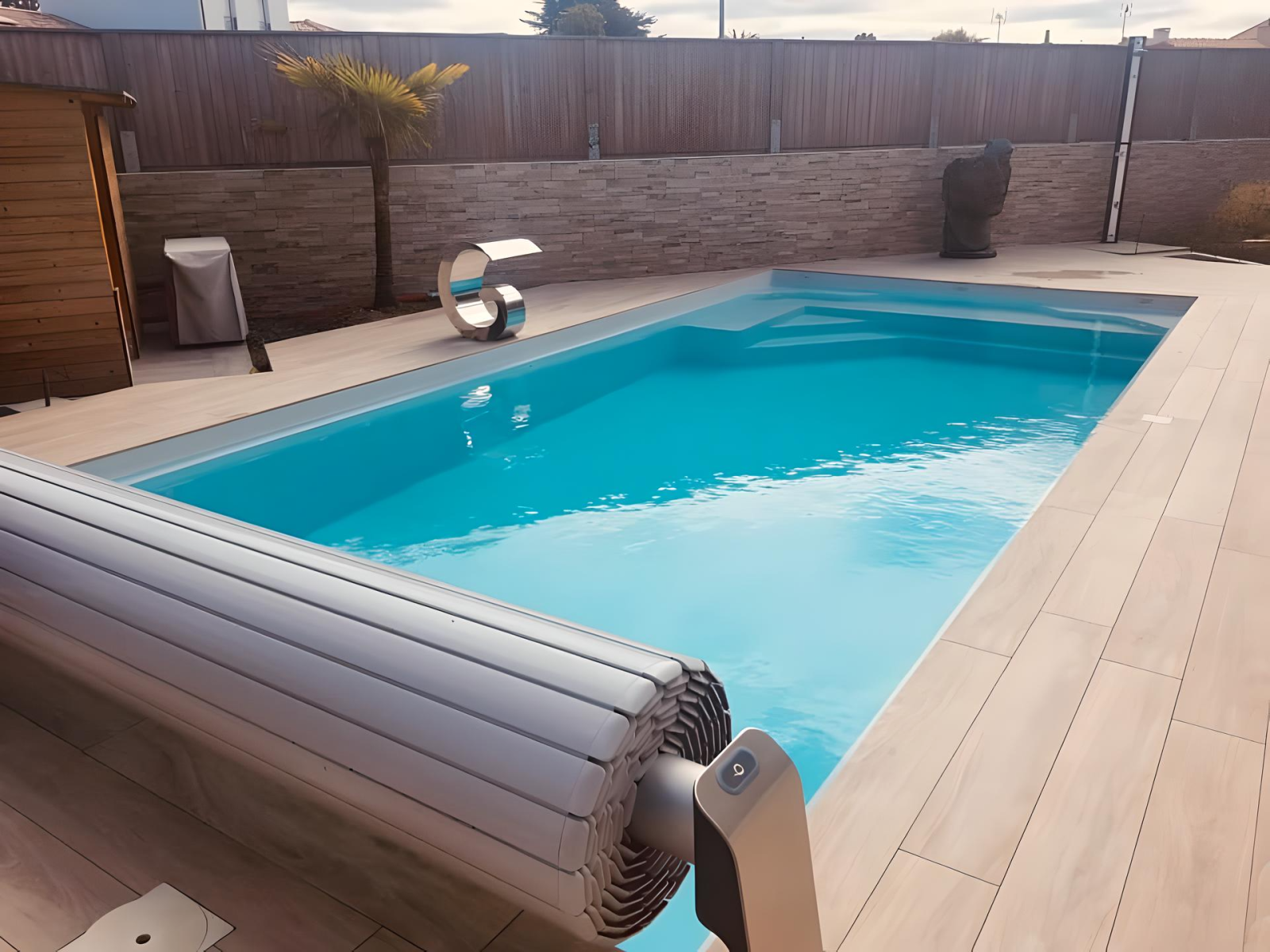CASTELLA : piscine coque polyester avec volet immergé, un grand bassin élégant pensé pour le confort et la performance.