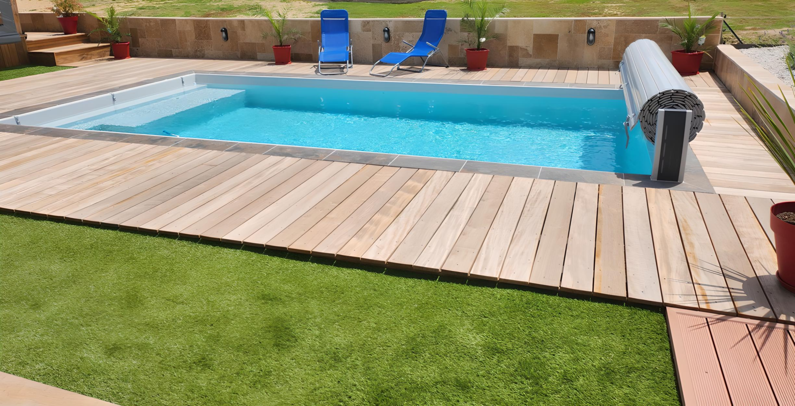 MILLAUD : piscine coque polyester avec volet immergé, un grand bassin élégant pensé pour le confort de baignade.